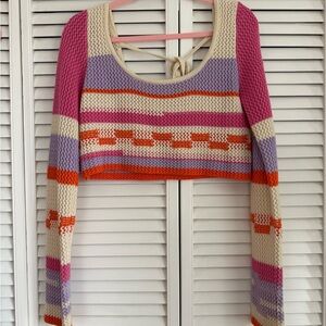 Grey Bandit Crocheted Striped Crop Sweater — Cream, Lavender & Orange